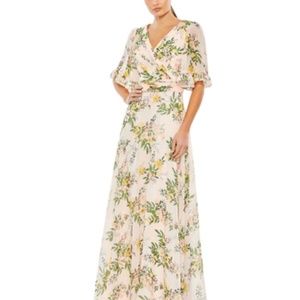 MAC DUGGAL FLORAL PRINT FLUTTER SLEEVE WRAP OVER GOWN